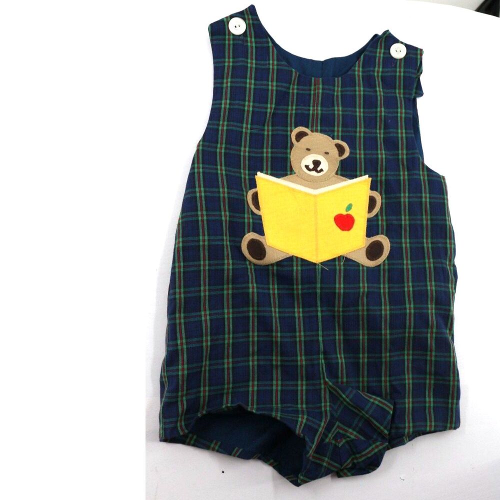 Kellys Kids Kids Plaid One Piece Size 3 Embroidered Bear and Book Preppy Blue